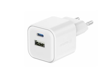 Mini adaptér GaN 230V 20W POWER DELIVERY 1xUSB-C + 1xUSB QC 18W BÍLÁ